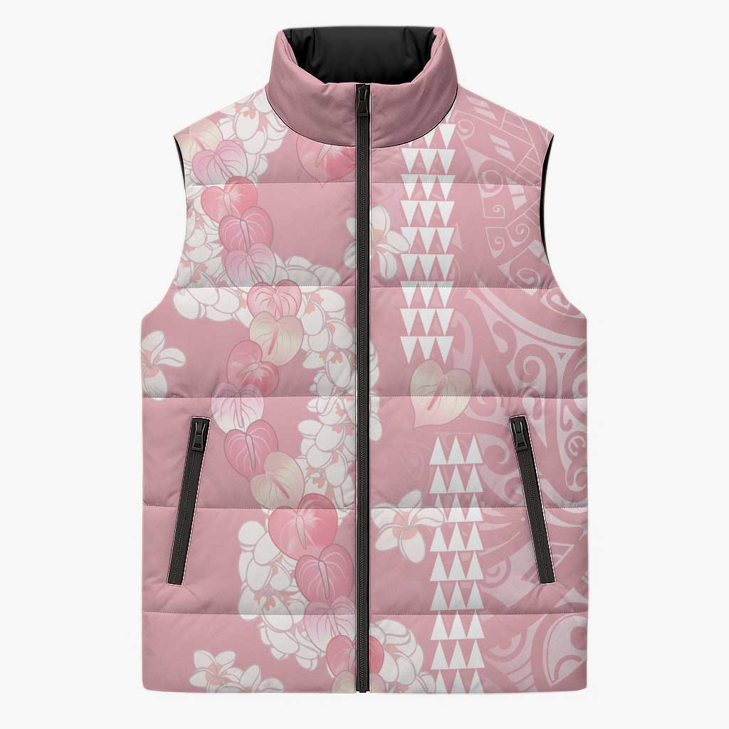 Soft Pink Hawaii Anthurium Plumeria Lei Sleeveless Puffer Jacket