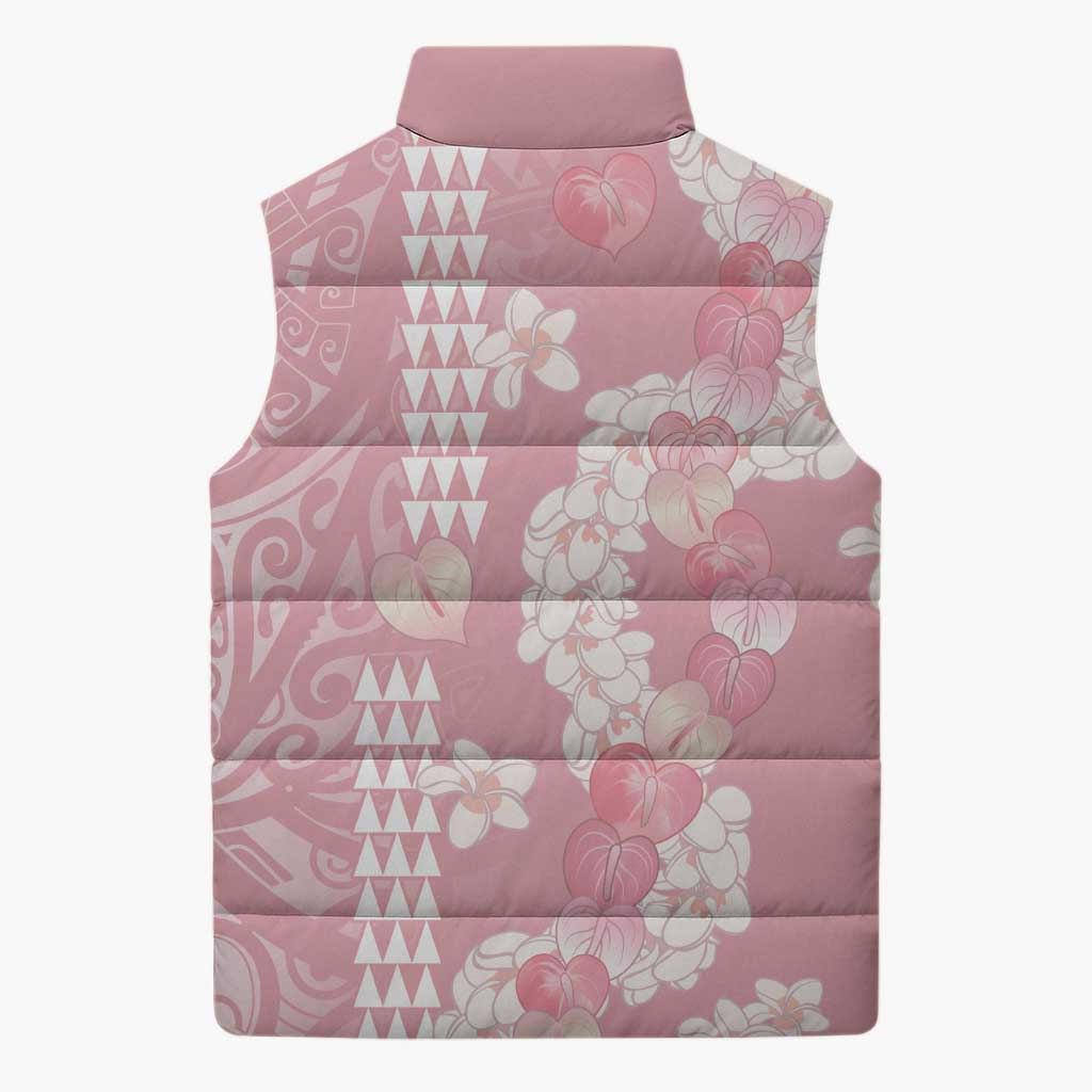 Soft Pink Hawaii Anthurium Plumeria Lei Sleeveless Puffer Jacket