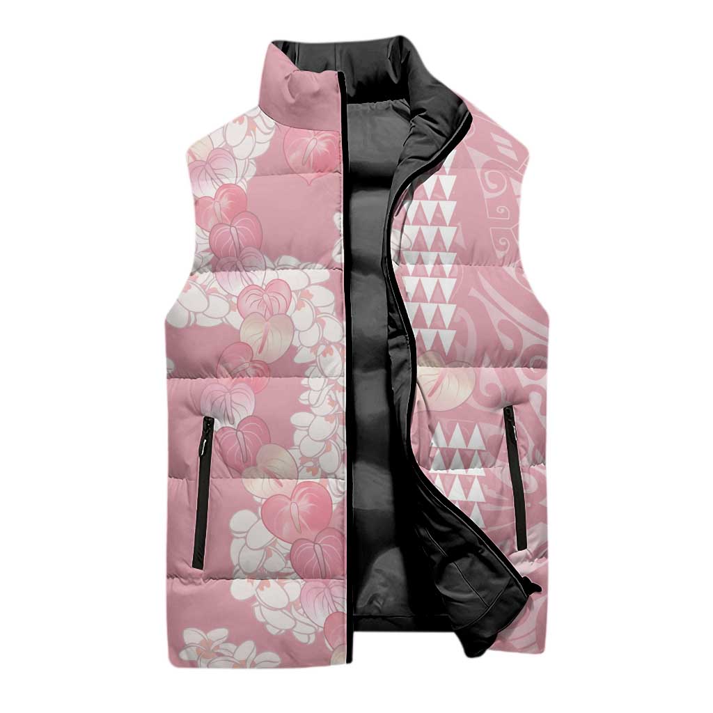 Soft Pink Hawaii Anthurium Plumeria Lei Sleeveless Puffer Jacket