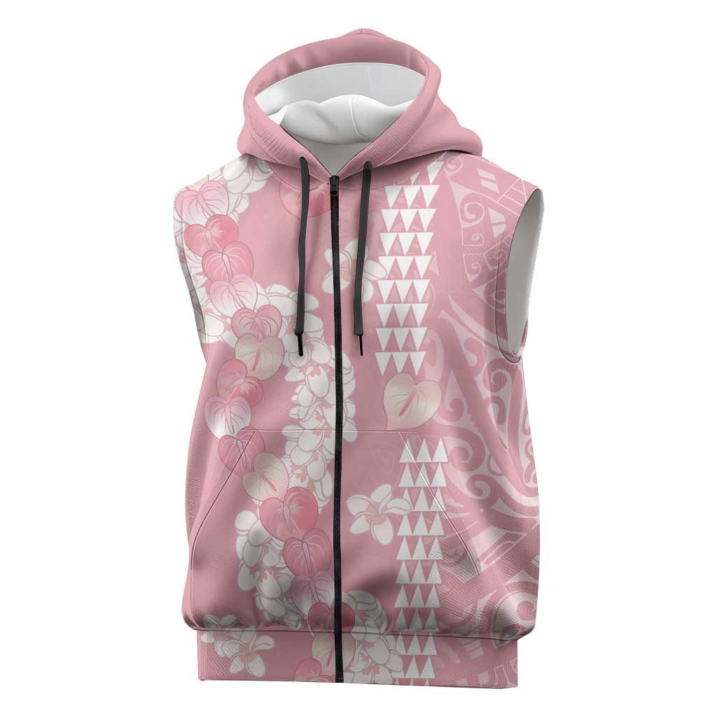 Soft Pink Hawaii Anthurium Plumeria Lei Sleeveless Zip Hoodie