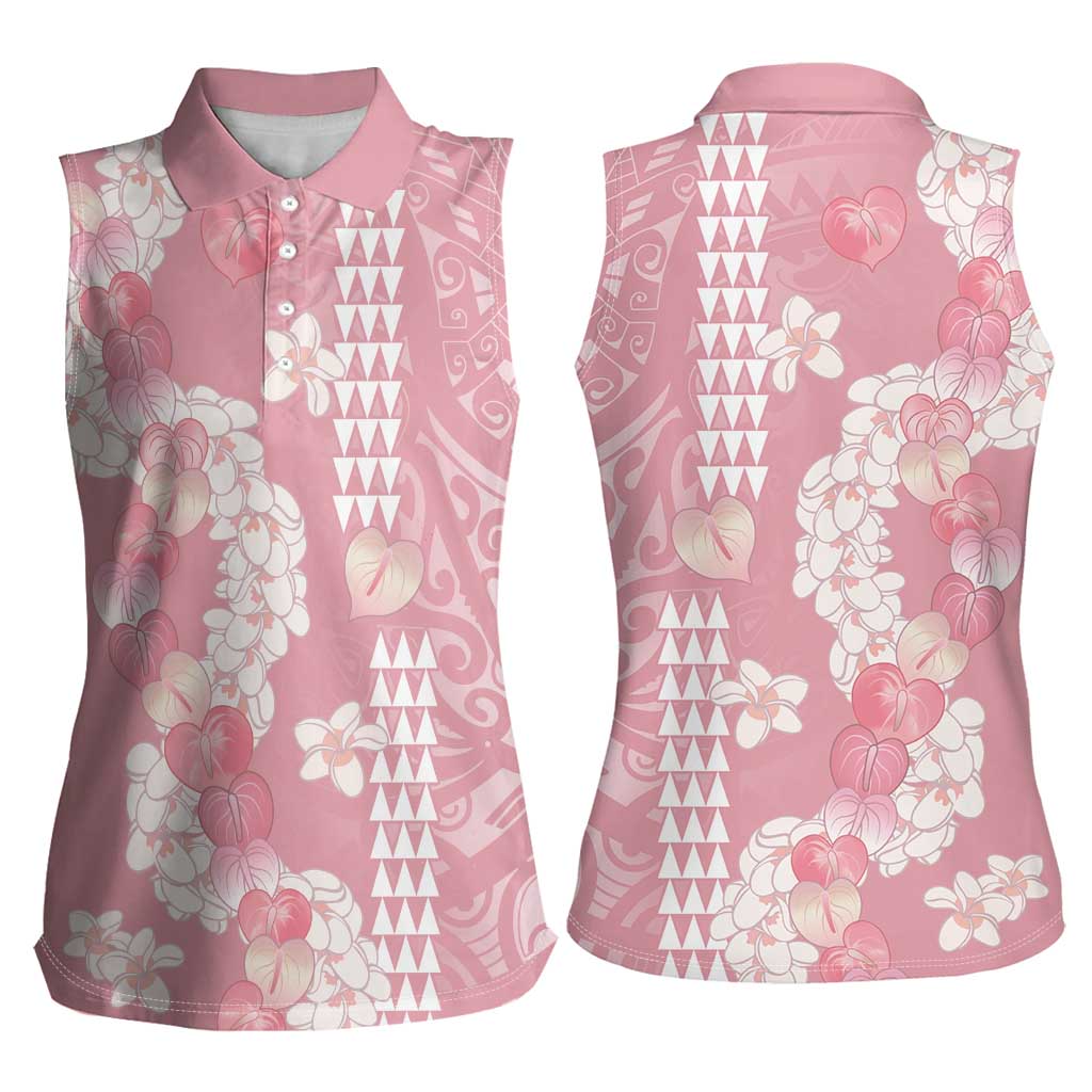 Soft Pink Hawaii Anthurium Plumeria Lei Women Sleeveless Polo Shirt