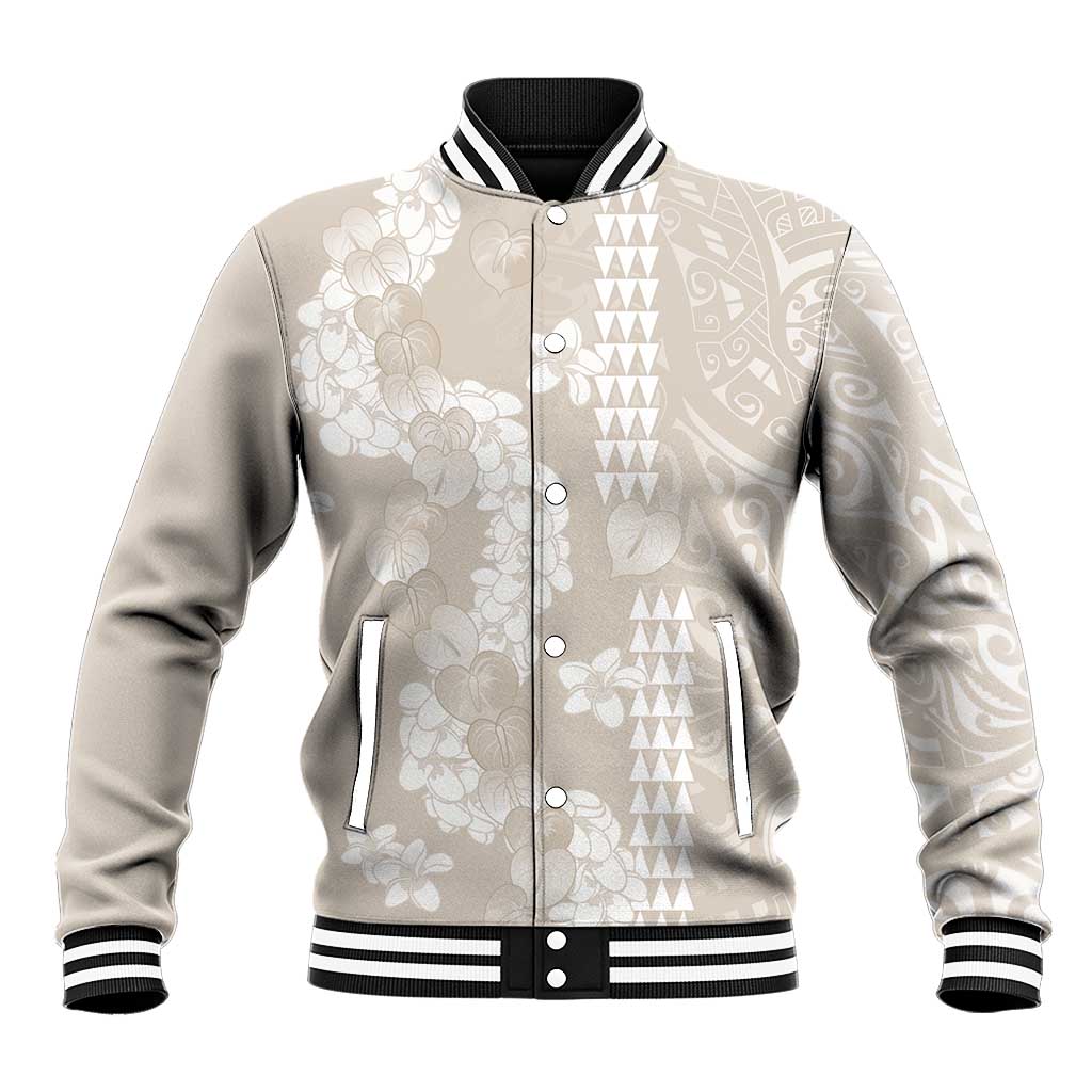 Suede Beige Hawaii Anthurium Plumeria Lei Baseball Jacket