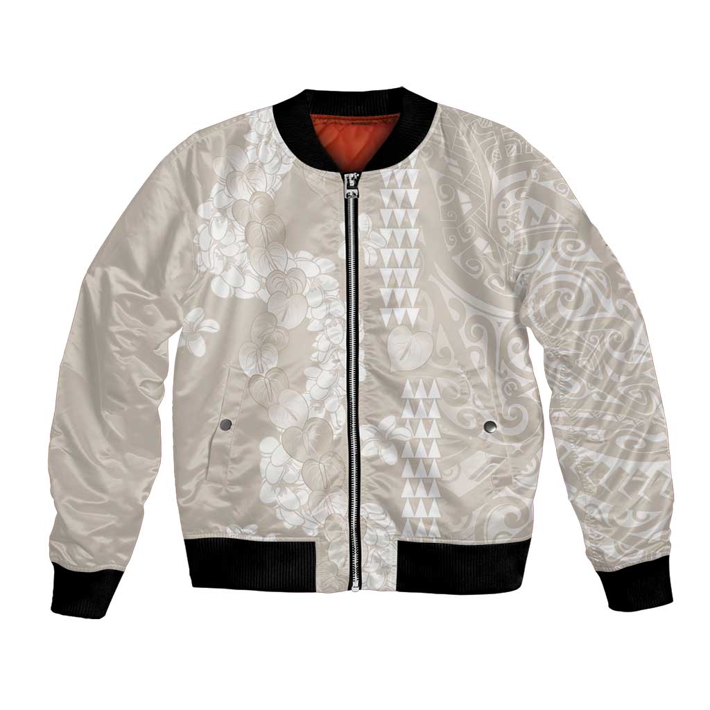 Suede Beige Hawaii Anthurium Plumeria Lei Bomber Jacket
