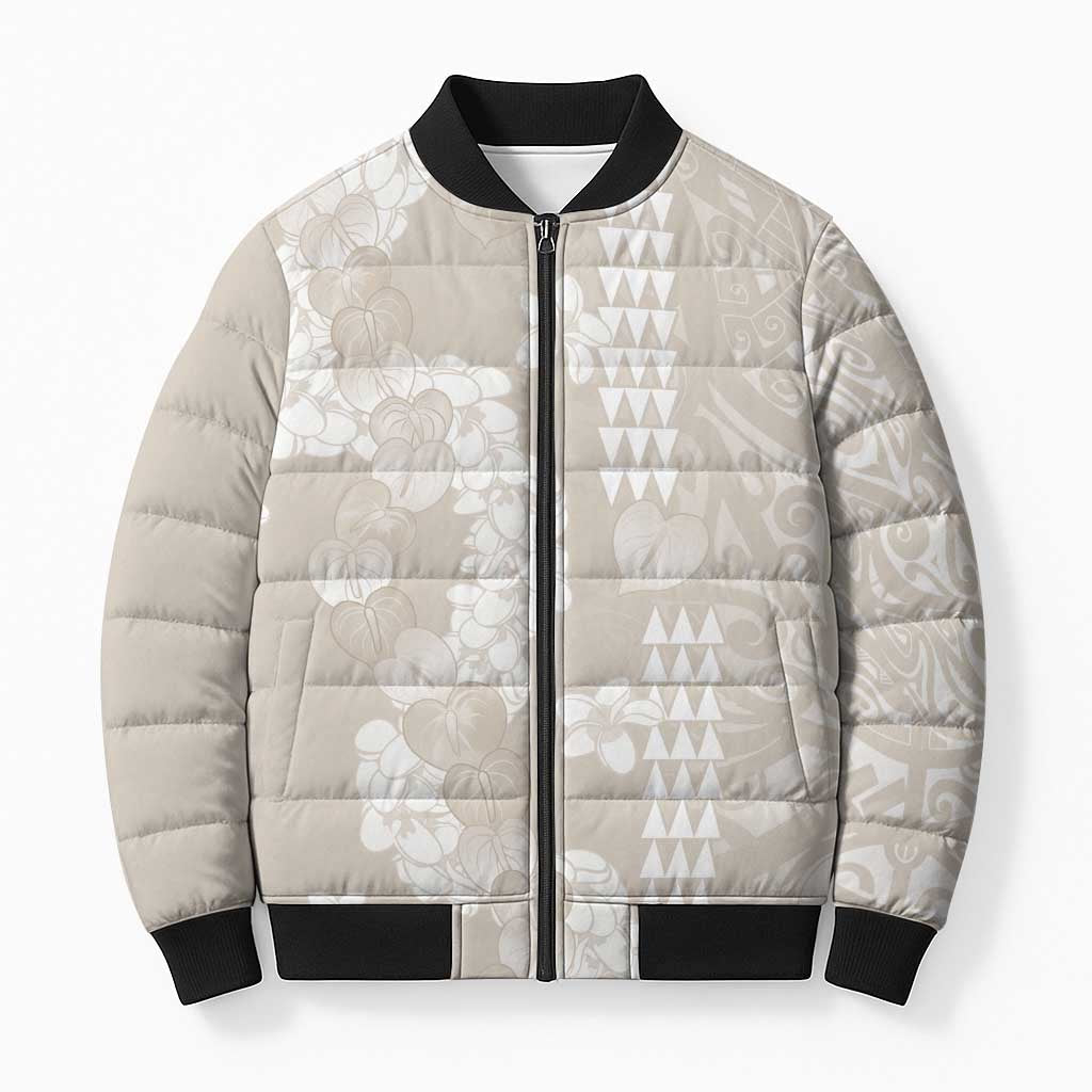 Suede Beige Hawaii Anthurium Plumeria Lei Bomber Puffer Jacket