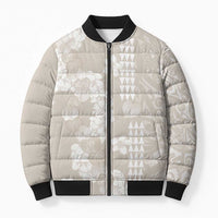 Suede Beige Hawaii Anthurium Plumeria Lei Bomber Puffer Jacket