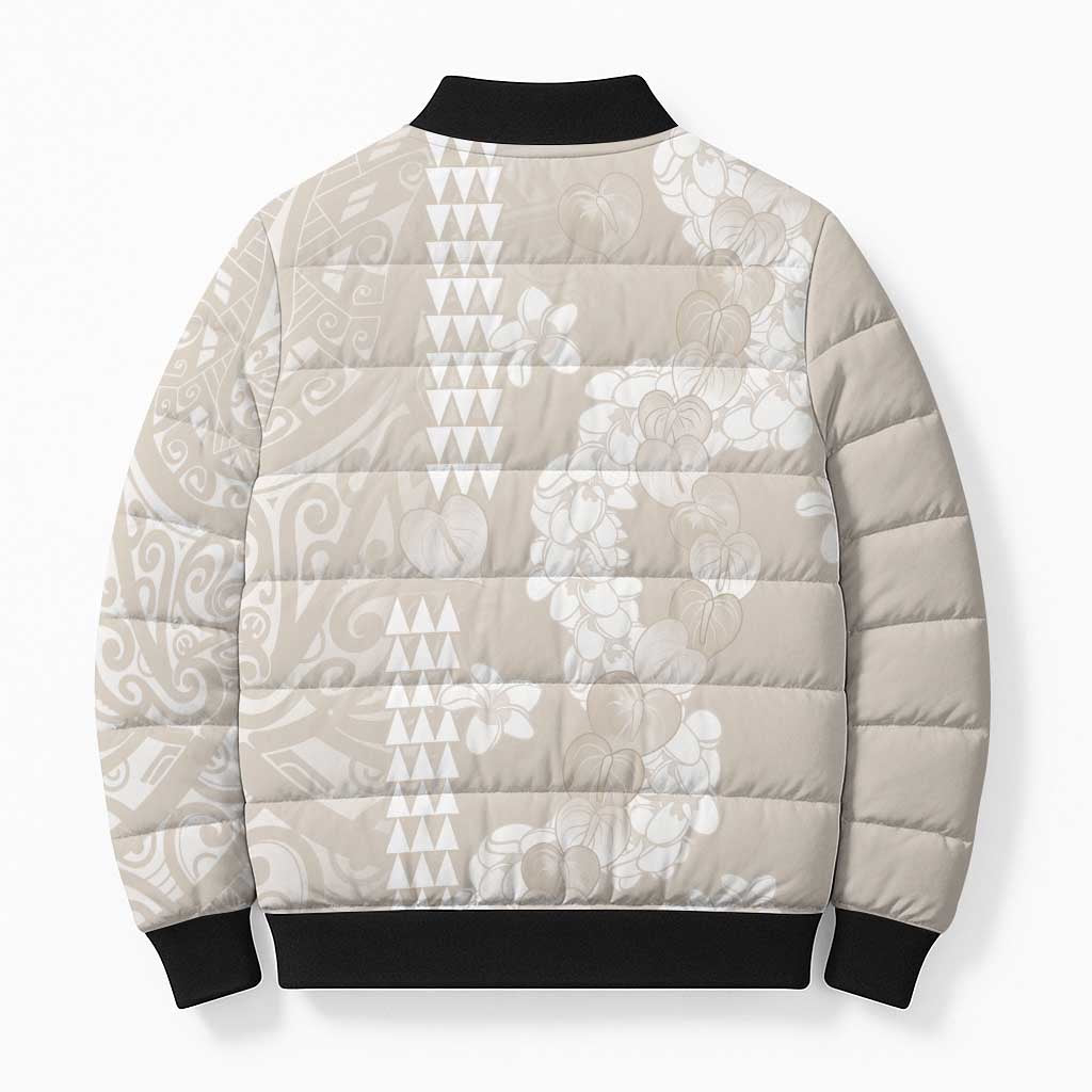 Suede Beige Hawaii Anthurium Plumeria Lei Bomber Puffer Jacket