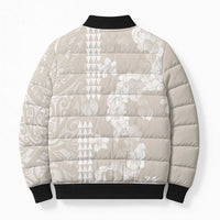Suede Beige Hawaii Anthurium Plumeria Lei Bomber Puffer Jacket