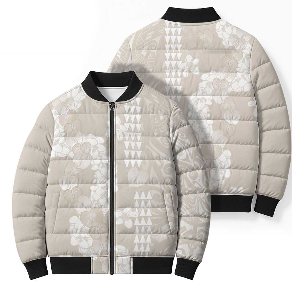 Suede Beige Hawaii Anthurium Plumeria Lei Bomber Puffer Jacket