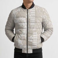 Suede Beige Hawaii Anthurium Plumeria Lei Bomber Puffer Jacket
