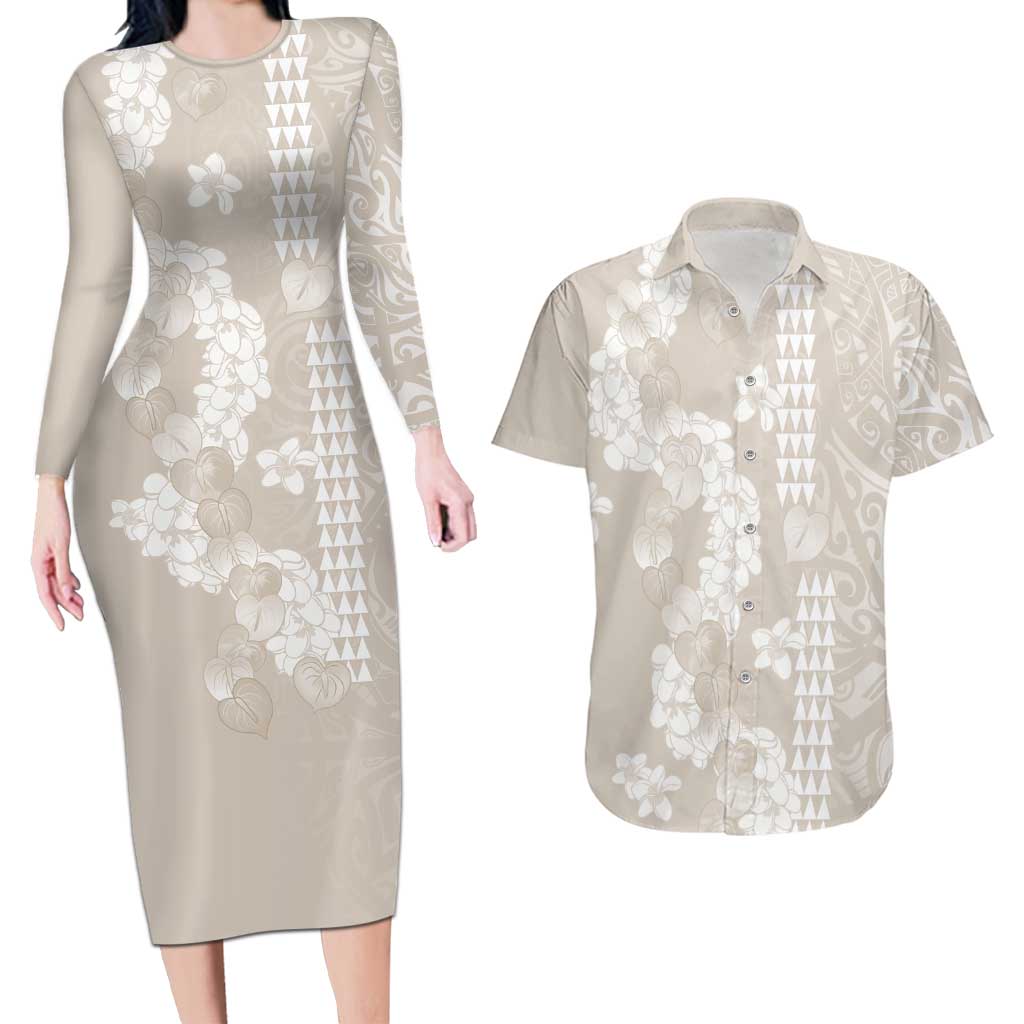 Suede Beige Hawaii Anthurium Plumeria Lei Couples Matching Long Sleeve Bodycon Dress and Hawaiian Shirt LT9 Beige - Polynesian Pride