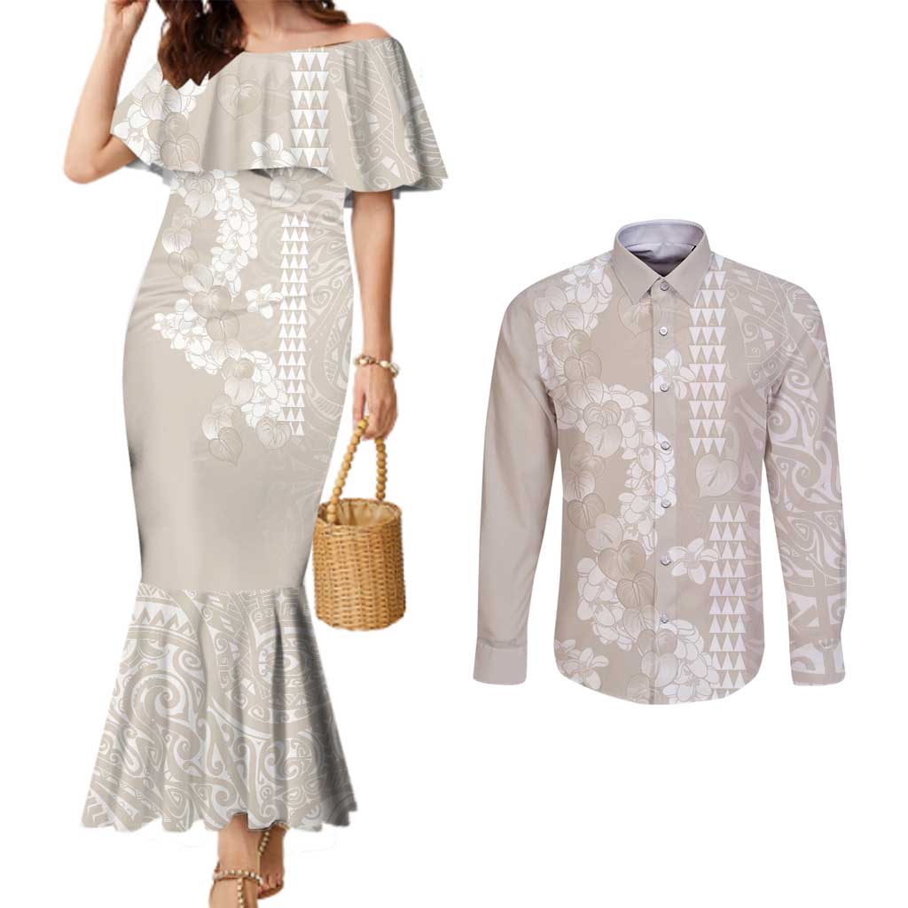 Suede Beige Hawaii Anthurium Plumeria Lei Couples Matching Mermaid Dress and Long Sleeve Button Shirt