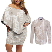 Suede Beige Hawaii Anthurium Plumeria Lei Couples Matching Off Shoulder Short Dress and Long Sleeve Button Shirt LT9 Beige - Polynesian Pride