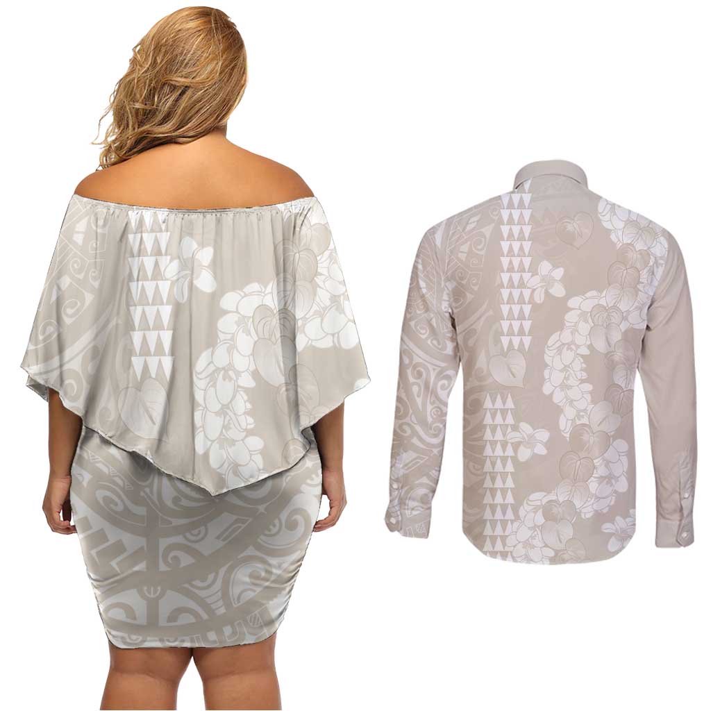 Suede Beige Hawaii Anthurium Plumeria Lei Couples Matching Off Shoulder Short Dress and Long Sleeve Button Shirt LT9 - Polynesian Pride