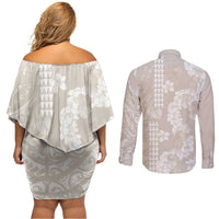 Suede Beige Hawaii Anthurium Plumeria Lei Couples Matching Off Shoulder Short Dress and Long Sleeve Button Shirt LT9 - Polynesian Pride