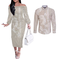 Suede Beige Hawaii Anthurium Plumeria Lei Couples Matching Off The Shoulder Long Sleeve Dress and Long Sleeve Button Shirt LT9 Beige - Polynesian Pride