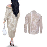 Suede Beige Hawaii Anthurium Plumeria Lei Couples Matching Off The Shoulder Long Sleeve Dress and Long Sleeve Button Shirt LT9 - Polynesian Pride