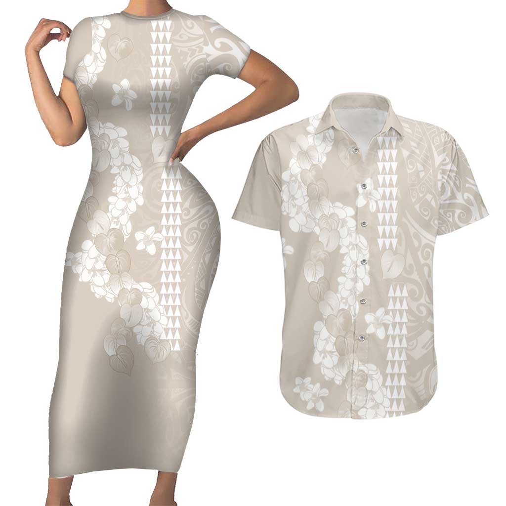 Suede Beige Hawaii Anthurium Plumeria Lei Couples Matching Short Sleeve Bodycon Dress and Hawaiian Shirt LT9 Beige - Polynesian Pride