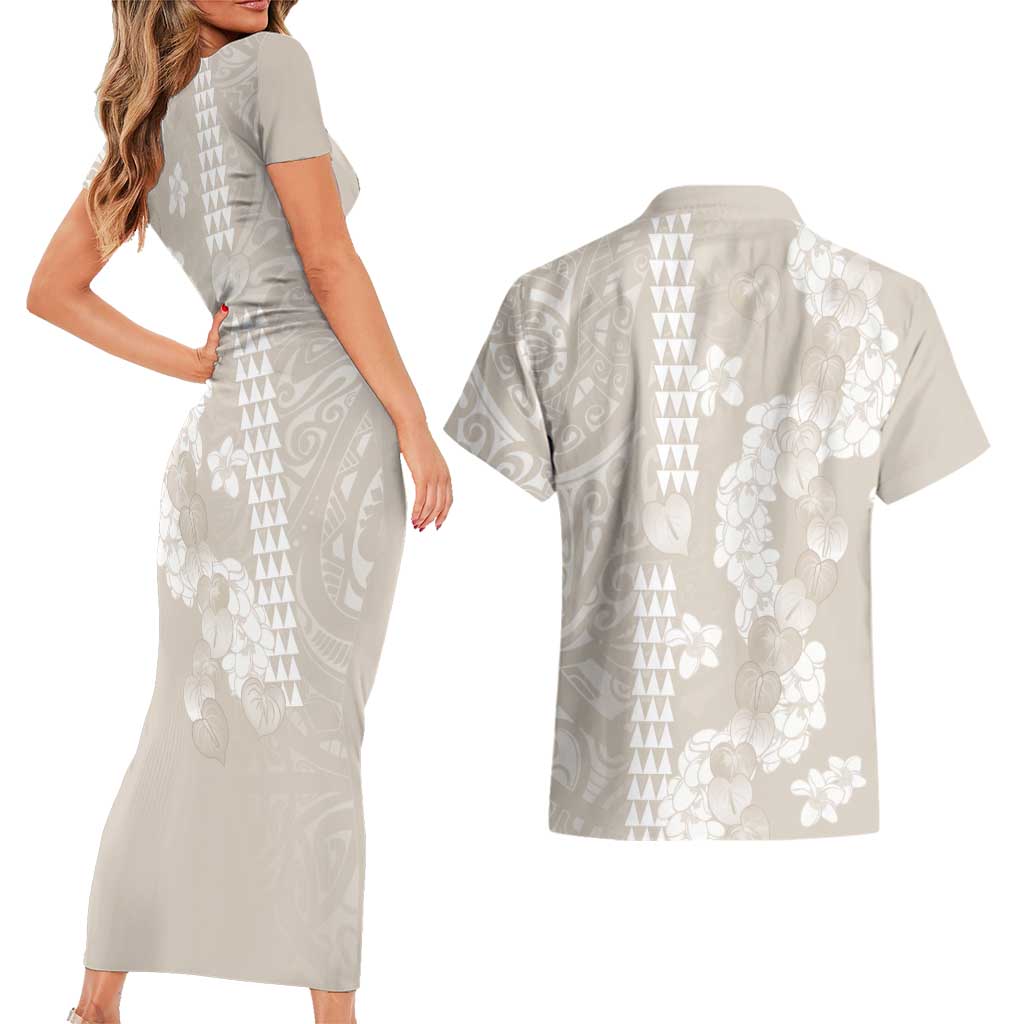 Suede Beige Hawaii Anthurium Plumeria Lei Couples Matching Short Sleeve Bodycon Dress and Hawaiian Shirt LT9 - Polynesian Pride