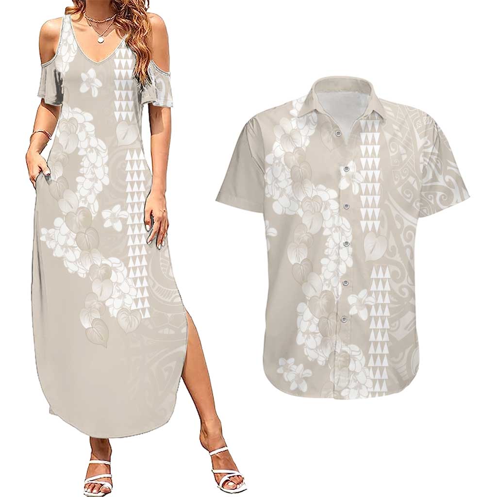Suede Beige Hawaii Anthurium Plumeria Lei Couples Matching Summer Maxi Dress and Hawaiian Shirt LT9 Beige - Polynesian Pride