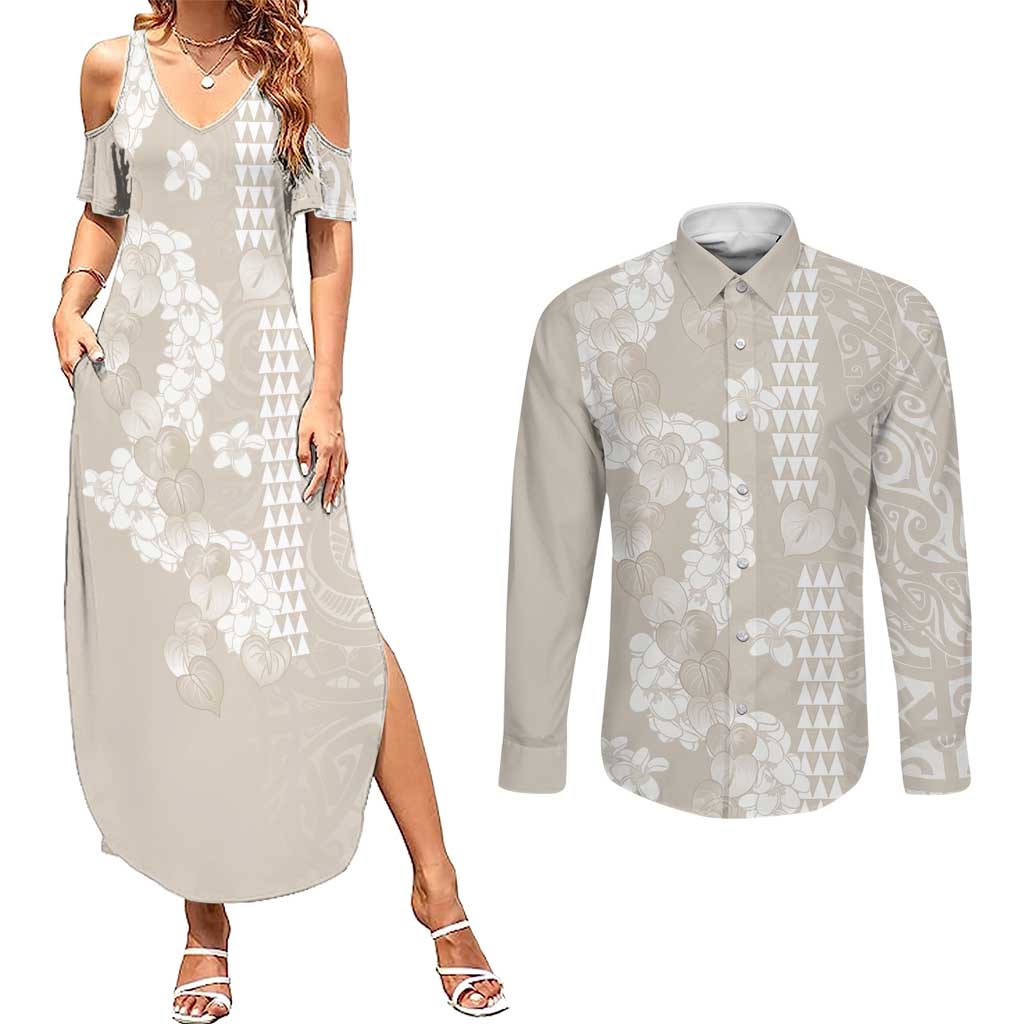 Suede Beige Hawaii Anthurium Plumeria Lei Couples Matching Summer Maxi Dress and Long Sleeve Button Shirt LT9 Beige - Polynesian Pride