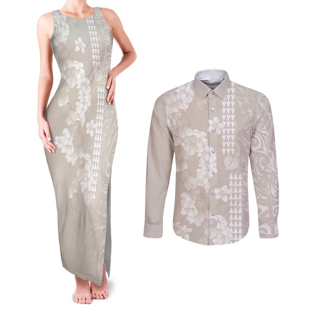 Suede Beige Hawaii Anthurium Plumeria Lei Couples Matching Tank Maxi Dress and Long Sleeve Button Shirt LT9 Beige - Polynesian Pride