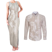 Suede Beige Hawaii Anthurium Plumeria Lei Couples Matching Tank Maxi Dress and Long Sleeve Button Shirt LT9 Beige - Polynesian Pride