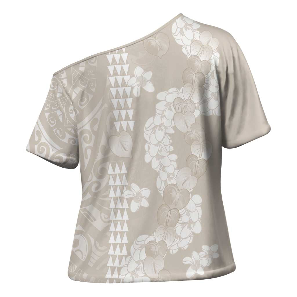 Suede Beige Hawaii Anthurium Plumeria Lei Cross Shoulder Shirt LT9 - Polynesian Pride