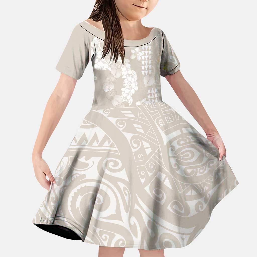Suede Beige Hawaii Anthurium Plumeria Lei Family Matching Long Sleeve Bodycon Dress and Hawaiian Shirt LT9 Daughter's Dress Beige - Polynesian Pride