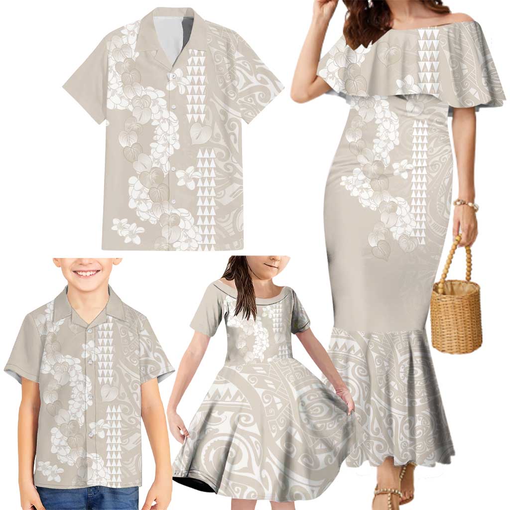 Suede Beige Hawaii Anthurium Plumeria Lei Family Matching Mermaid Dress and Hawaiian Shirt