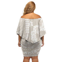 Suede Beige Hawaii Anthurium Plumeria Lei Family Matching Off Shoulder Short Dress and Hawaiian Shirt