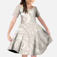Suede Beige Hawaii Anthurium Plumeria Lei Family Matching Puletasi and Hawaiian Shirt LT9 Daughter's Dress Beige - Polynesian Pride