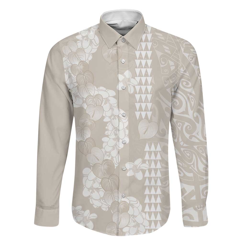 Suede Beige Hawaii Anthurium Plumeria Lei Family Matching Short Sleeve Bodycon Dress and Hawaiian Shirt LT9 Dad's Shirt - Long Sleeve Beige - Polynesian Pride