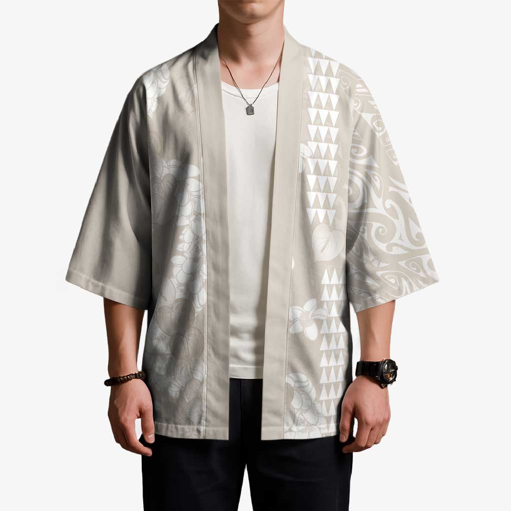 Suede Beige Hawaii Anthurium Plumeria Lei Kimono