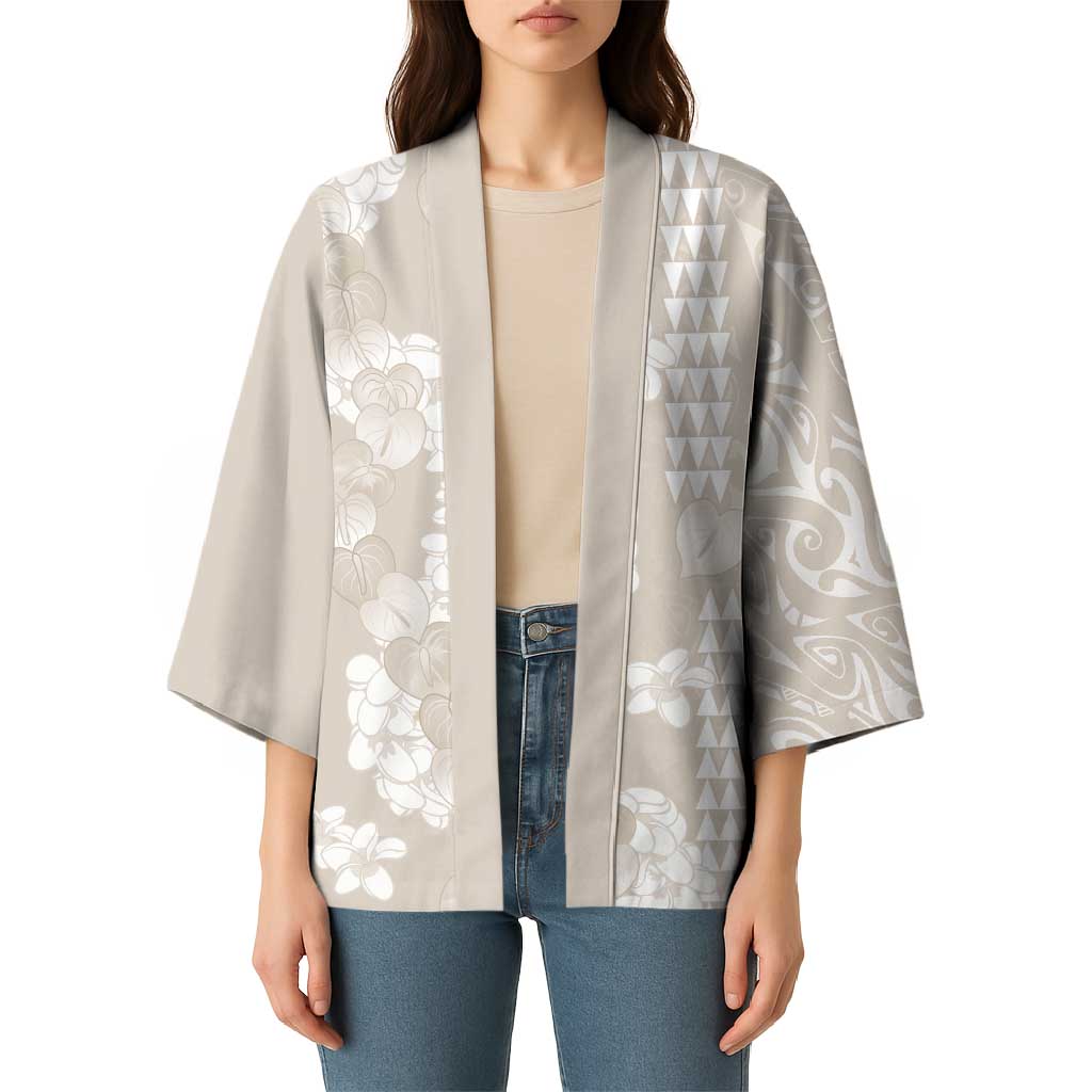 Suede Beige Hawaii Anthurium Plumeria Lei Kimono