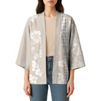 Suede Beige Hawaii Anthurium Plumeria Lei Kimono