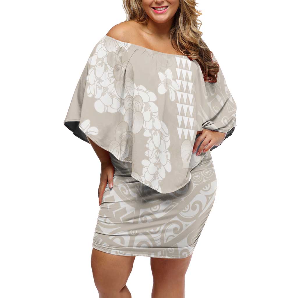 Suede Beige Hawaii Anthurium Plumeria Lei Off Shoulder Short Dress