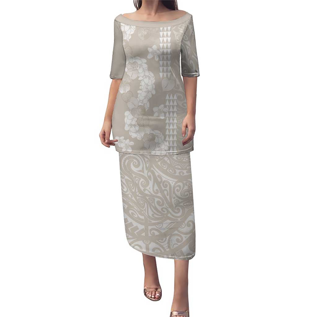 Suede Beige Hawaii Anthurium Plumeria Lei Puletasi LT9 Long Dress Beige - Polynesian Pride