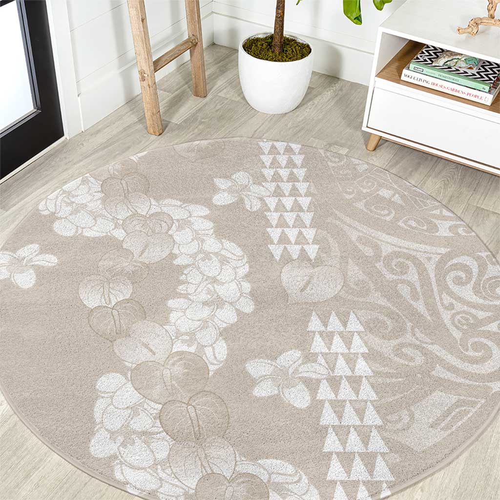 Suede Beige Hawaii Anthurium Plumeria Lei Round Carpet