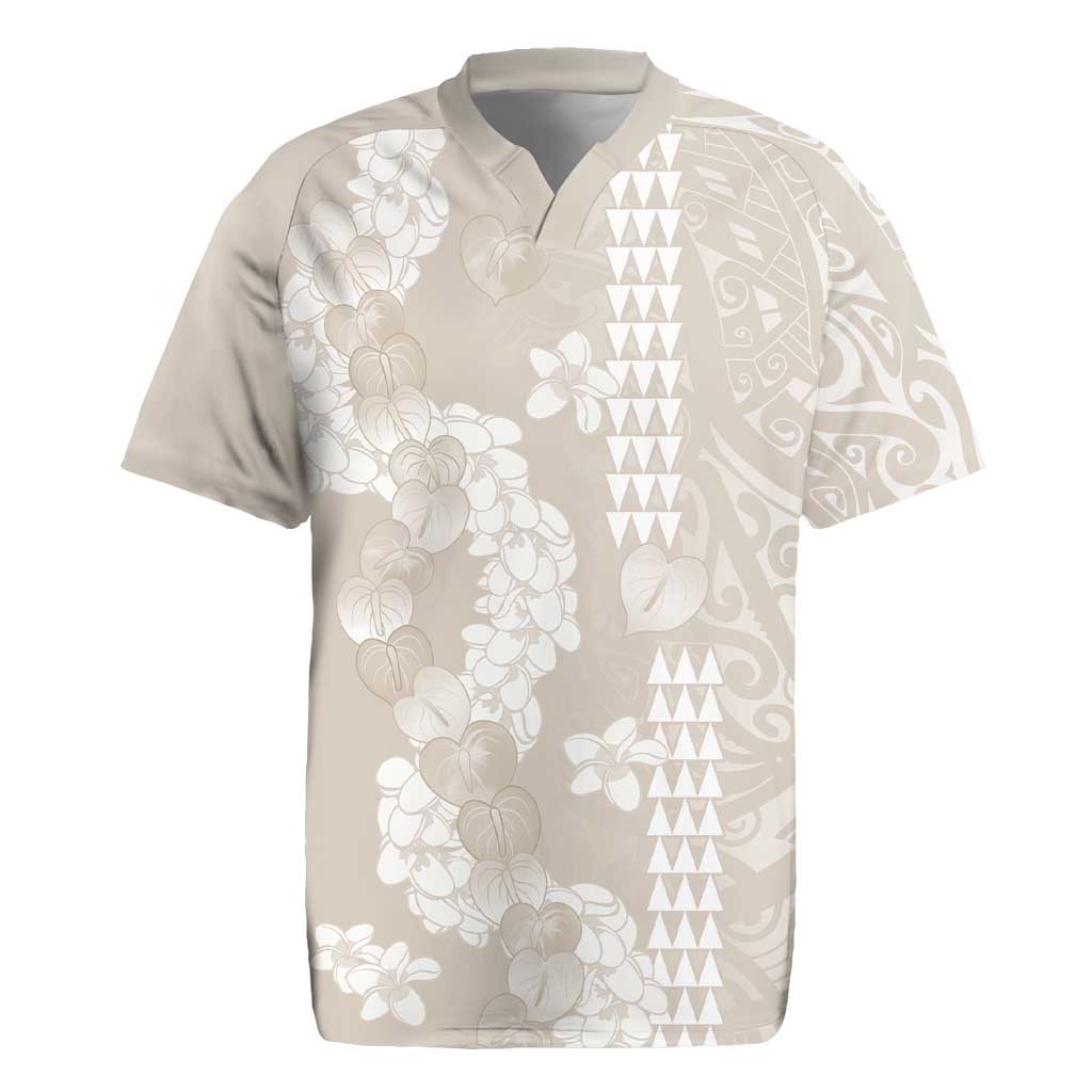 Suede Beige Hawaii Anthurium Plumeria Lei Rugby Jersey LT9 Beige - Polynesian Pride