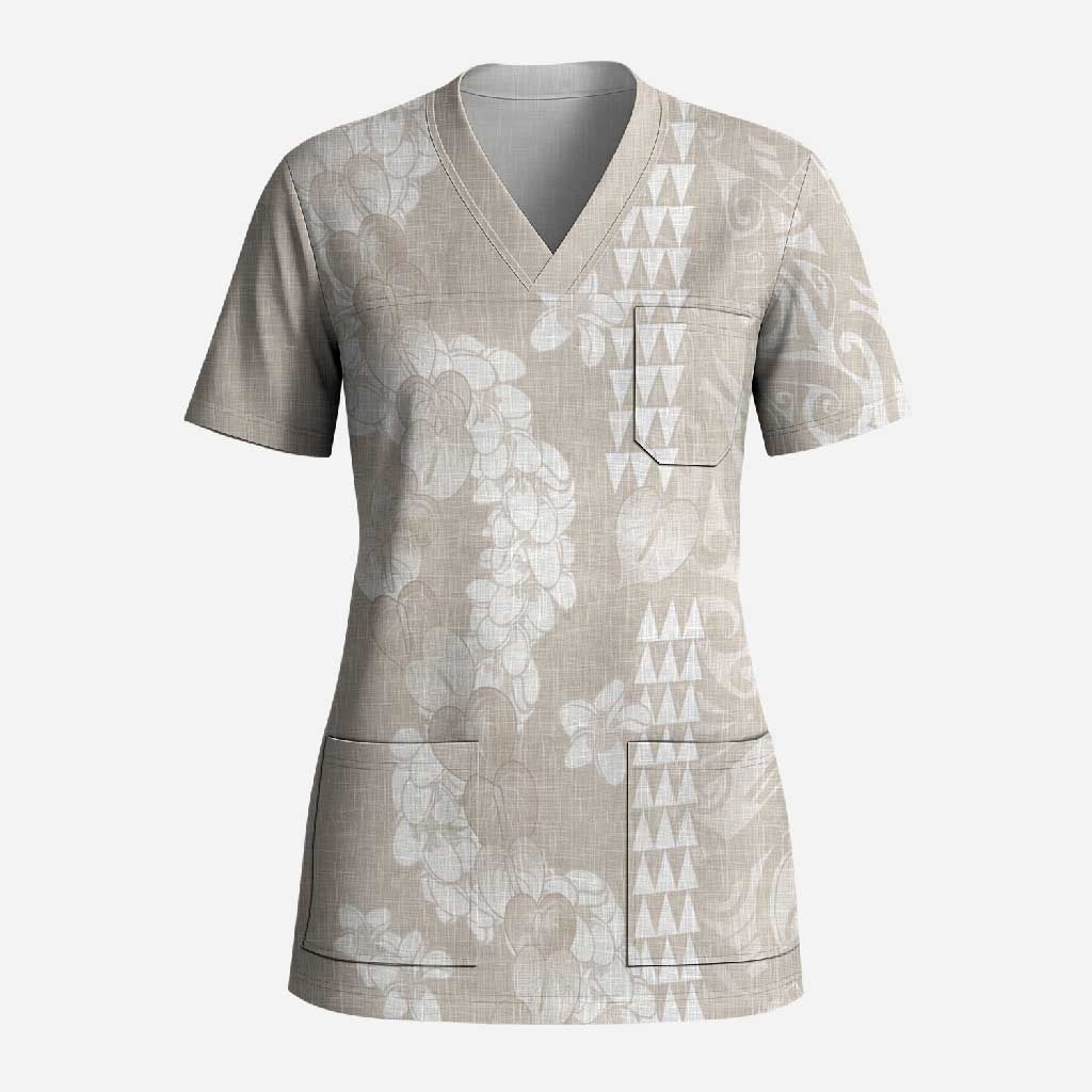 Suede Beige Hawaii Anthurium Plumeria Lei Scrub Top