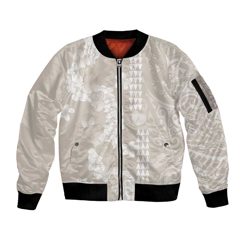 Suede Beige Hawaii Anthurium Plumeria Lei Sleeve Zip Bomber Jacket