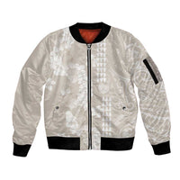 Suede Beige Hawaii Anthurium Plumeria Lei Sleeve Zip Bomber Jacket