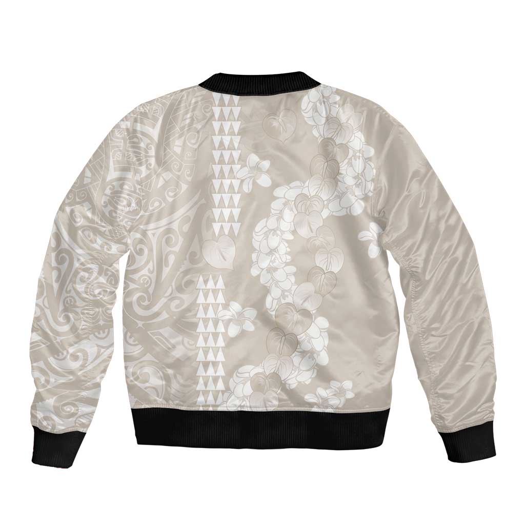 Suede Beige Hawaii Anthurium Plumeria Lei Sleeve Zip Bomber Jacket