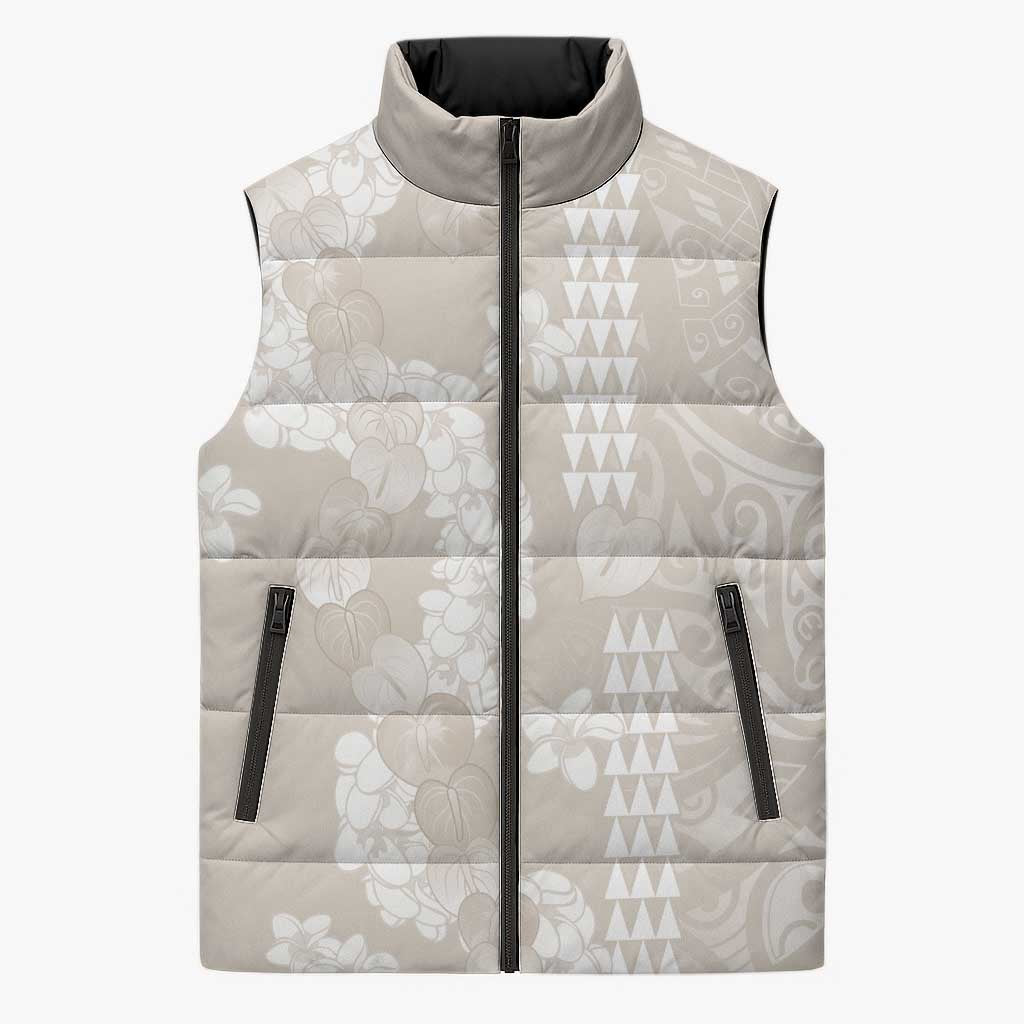 Suede Beige Hawaii Anthurium Plumeria Lei Sleeveless Puffer Jacket