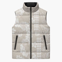 Suede Beige Hawaii Anthurium Plumeria Lei Sleeveless Puffer Jacket