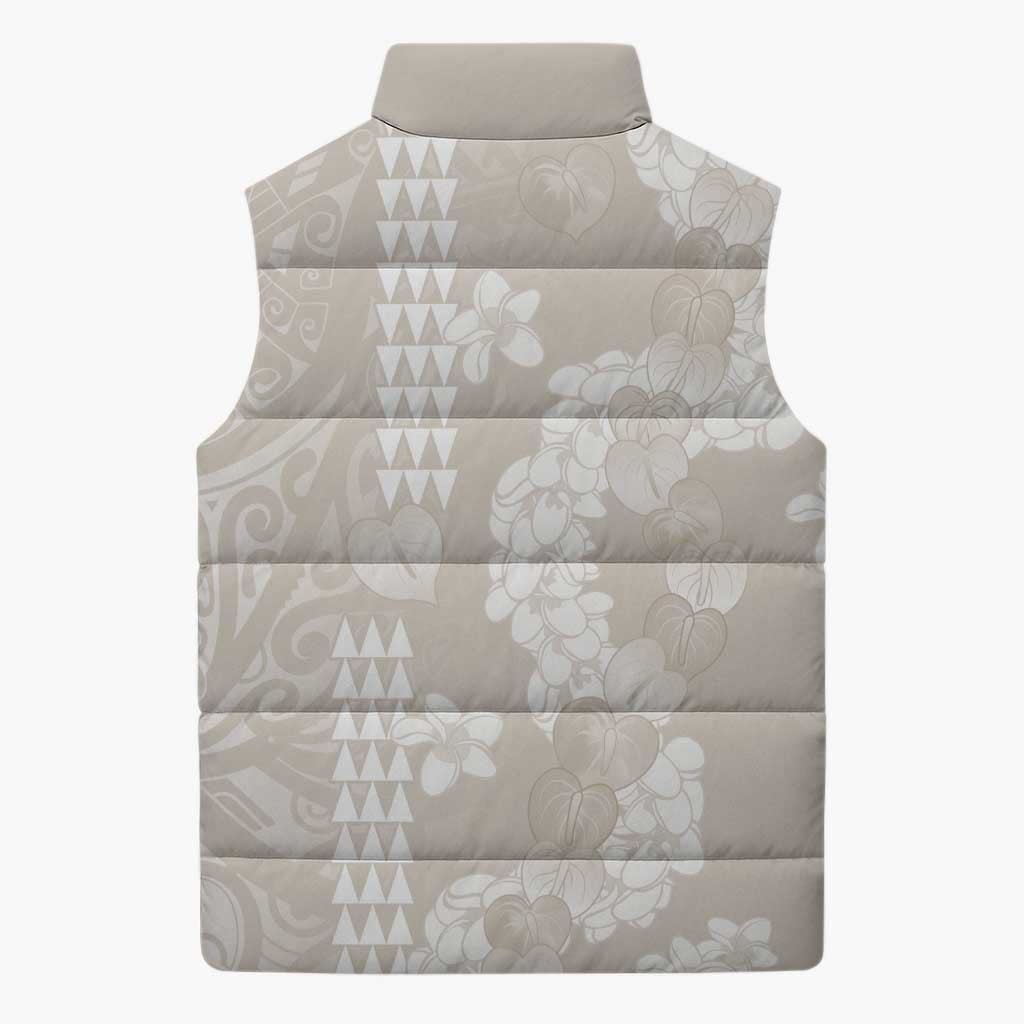 Suede Beige Hawaii Anthurium Plumeria Lei Sleeveless Puffer Jacket