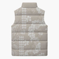 Suede Beige Hawaii Anthurium Plumeria Lei Sleeveless Puffer Jacket