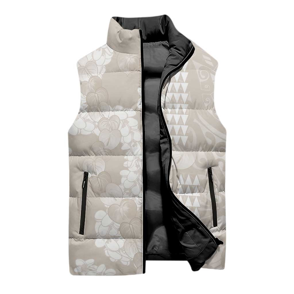 Suede Beige Hawaii Anthurium Plumeria Lei Sleeveless Puffer Jacket