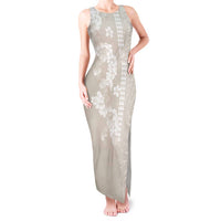 Suede Beige Hawaii Anthurium Plumeria Lei Tank Maxi Dress LT9 Women Beige - Polynesian Pride