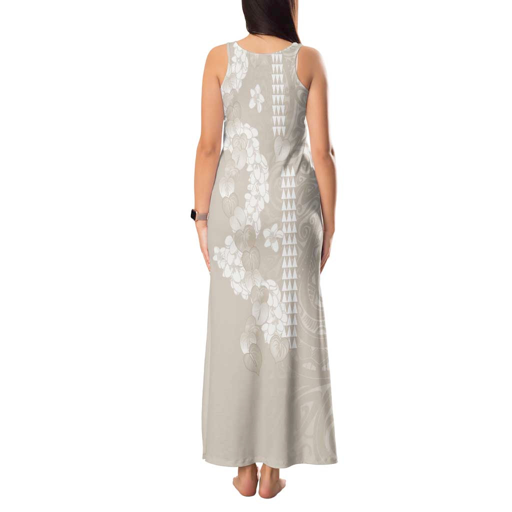 Suede Beige Hawaii Anthurium Plumeria Lei Tank Maxi Dress LT9 - Polynesian Pride